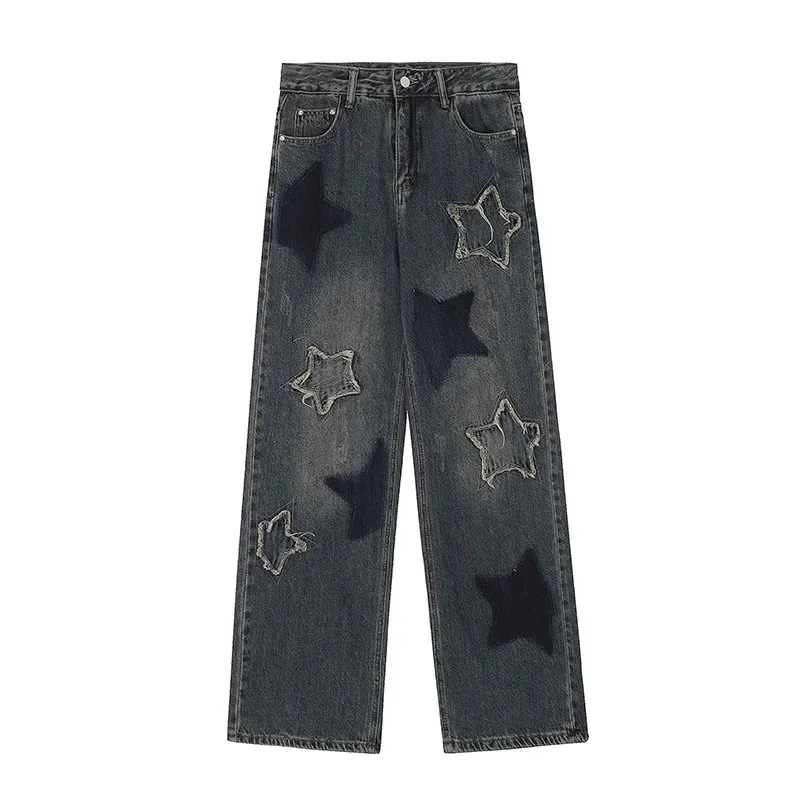 American Star Embroidery Women's Denim Trousers: Y2K High Street Casual Loose Straight Leg Pants - true deals club