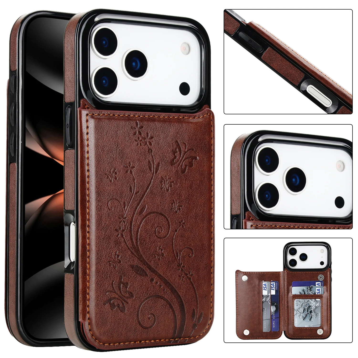 Elegant Butterfly Press Leather Wallet Case with Double Buckle Stand and Card Holder