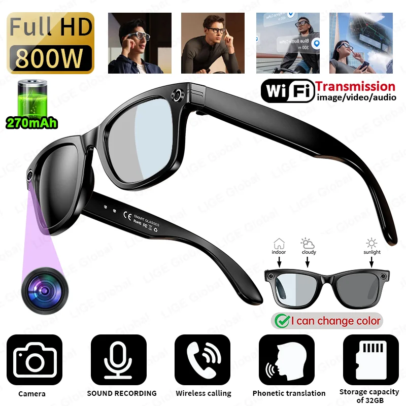 LIGE AI Smart Glasses 8MP Fotocamera Registrazione video Traduttore Occhiali da sole Uomo Donna Chiamata Bluetooth Riproduzione musicale Lenti che cambiano colore