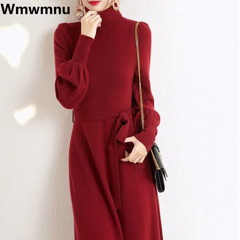 

Turtleneck Knitted Midi Dress Lace-up Knitwear Bottoming Dresses Slim Fall Winter Korean Vestido Women Vintage Chic Sweater Robe