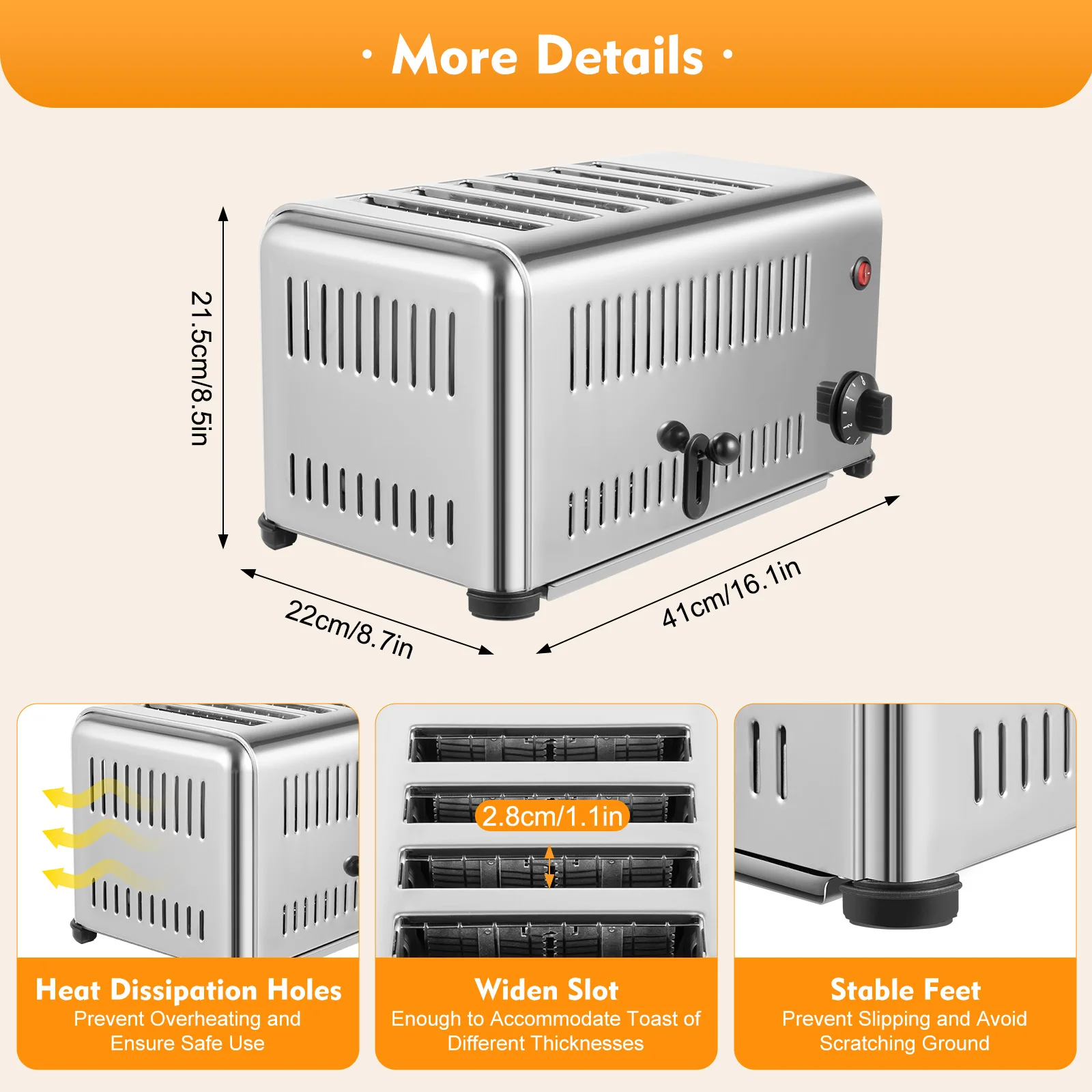 Commercial Toaster 6 Slices Stainless Steel Pop-Up Electric Toaster Machine Cool Touch Countertop