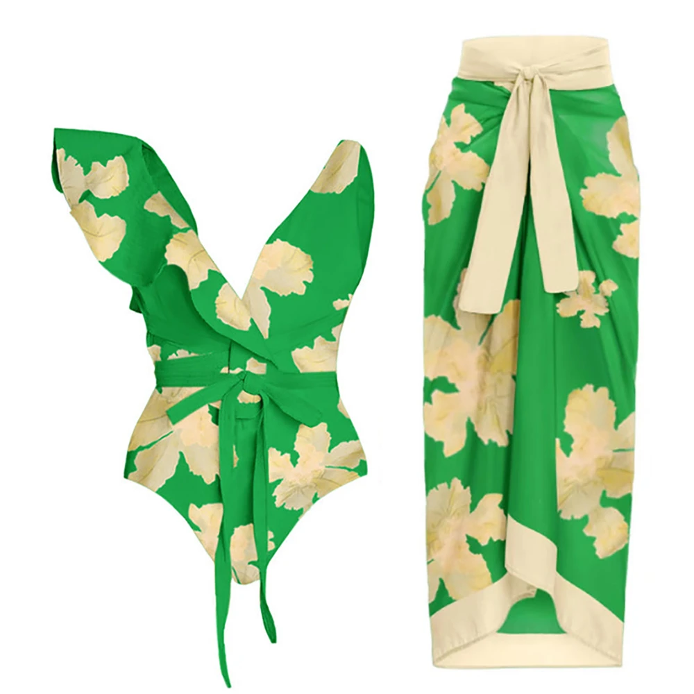 Green Printed Onepiece Swimsuit With Skirt Coverups Fashion Beachwear