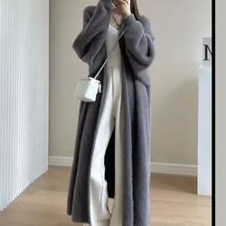 Fluffy Long Cardigan Women Elegant Long Sleeve Fur Loose Female Knit Sweater Coat 2023 Autumn Winter Street Maxi Lady Outwear
