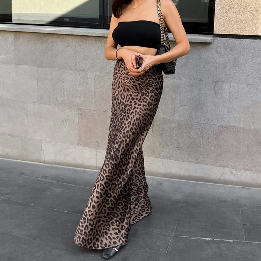 QWEEK Chic Leopard Print High Waist Skirt Ladies Fashion Tight Floor-length Skirts Spring Summer Women Sexy Streetwear 2024