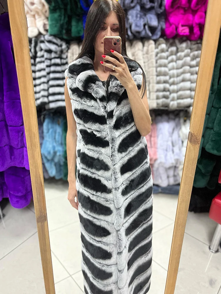 

V-neck Strip Sewed Genuine Rex Rabbit Vest Jacket Women Autumn Winter New Luxury Thicken Long Real Fur Tank Top Coats Female