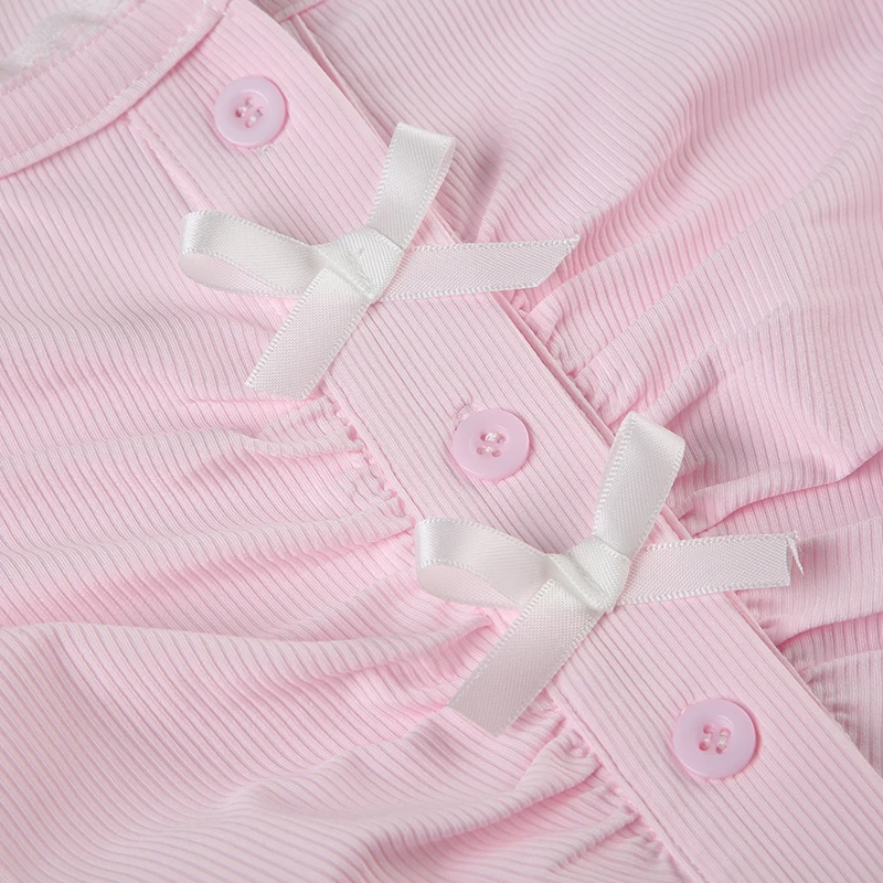 Sweet Y2K Bow Detail Button Up Cropped Top Autumn Knitted Long Sleeve Cute Tshirt Chic Aesthetic Street Tee Outfits