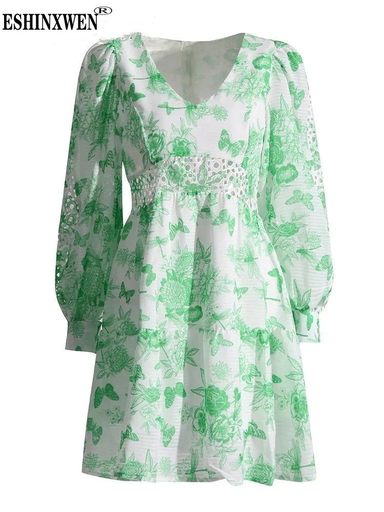 

Eshin V Neck Long Lanter Sleeve Pritning Short Dress For Women 2023 Autumn Fashion Female New Y2k Elegant A Line Dresses TH5575