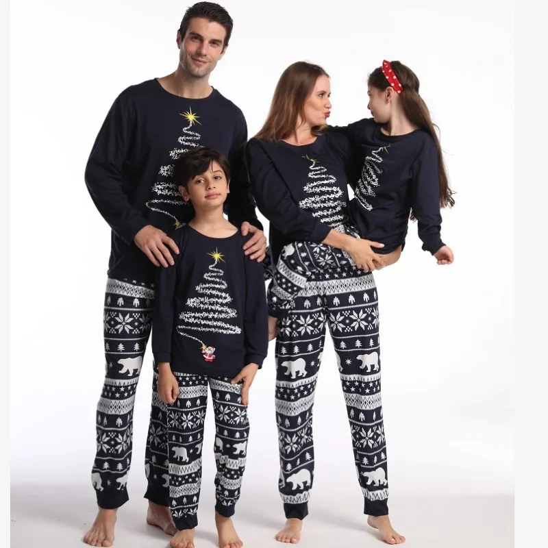 Christmas Family Pajamas Set Long Sleeve T-shirts Pants Adult Kids Xmas Tree Printed Suits New Year Gifts 2024