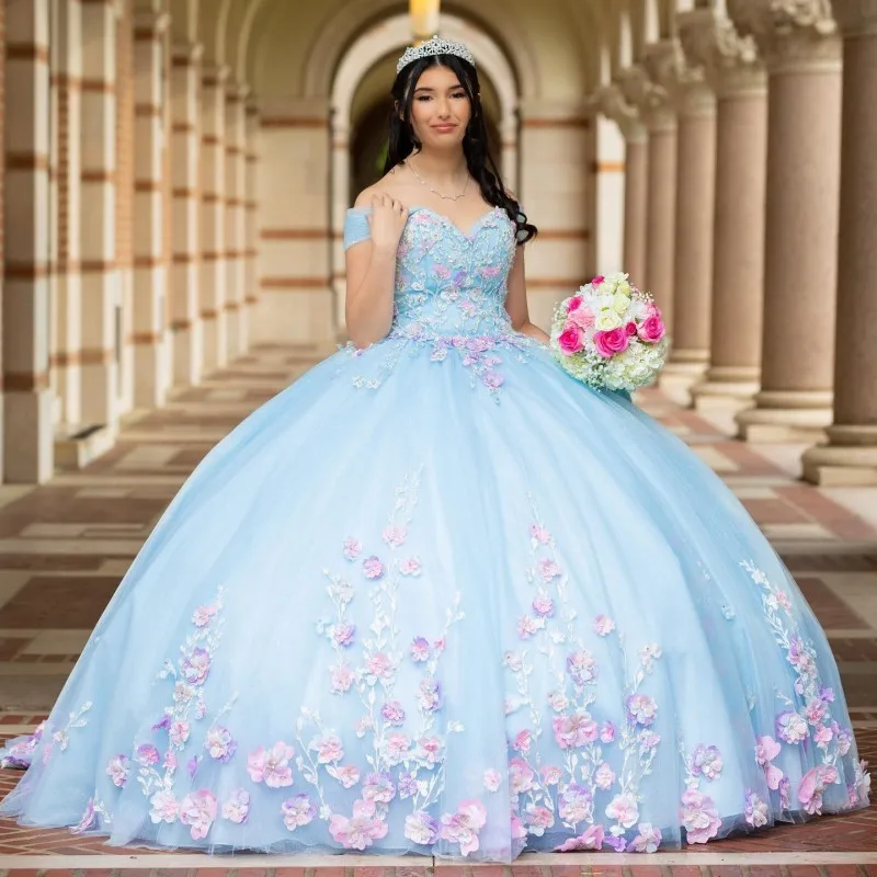 

Luxury Sky Blue Sweetheart Quinceanera Dress 3DFlowers Appliques Beading Birthday Prom Gowns Sweet 16 Dress Corset