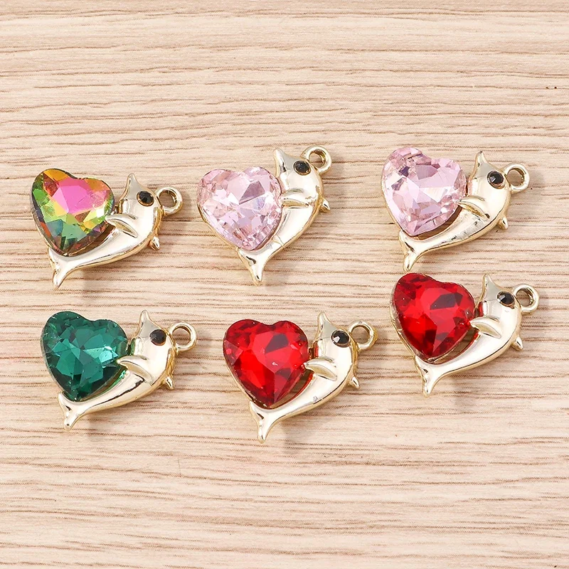 

10pcs 15x17mm Cute Crystal Love Heart Charms Animal Dolphin Charms Pendants for Jewelry Making Earrings Necklace DIY Crafts Gift