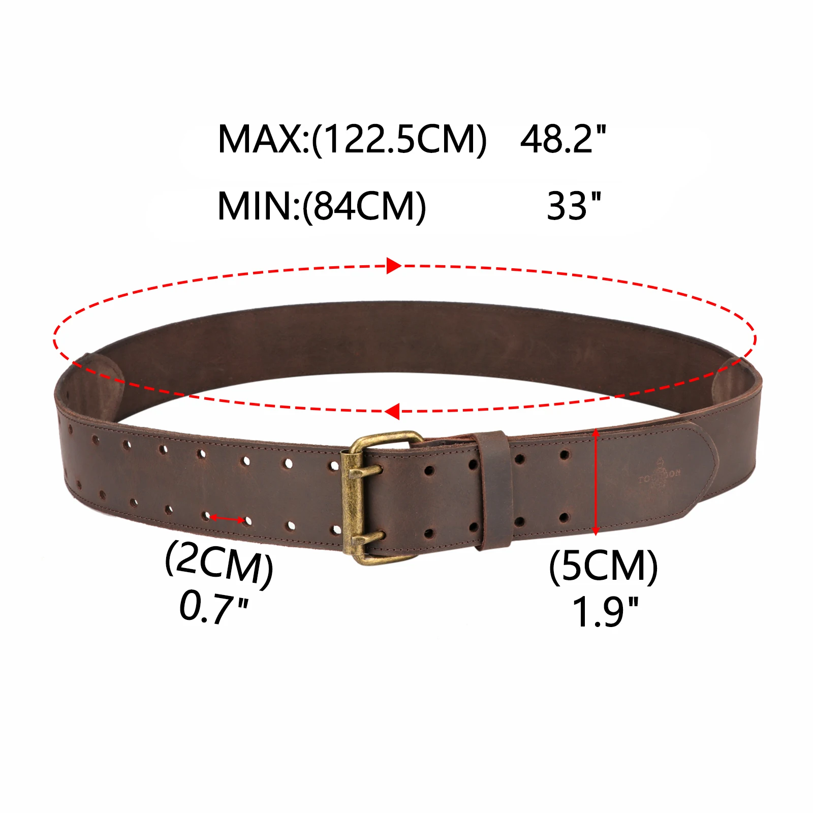 Tourbon 2'' Work Belt in Heavy Top Grain Leather Double Prong Tongue Roller Buckle Tools Belts 84 - 112cm(33'' - 48'') for Men