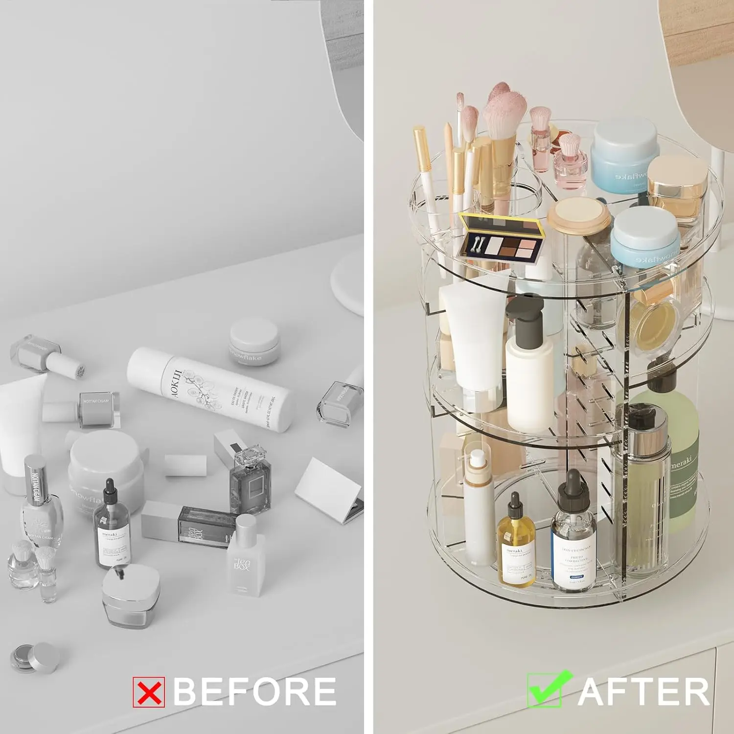 Rotating Makeup Organizer, Adjustable Layers Spinning Skincare Organizer, Cosmetic Display Case with Brush Holder Perfume Tray 5