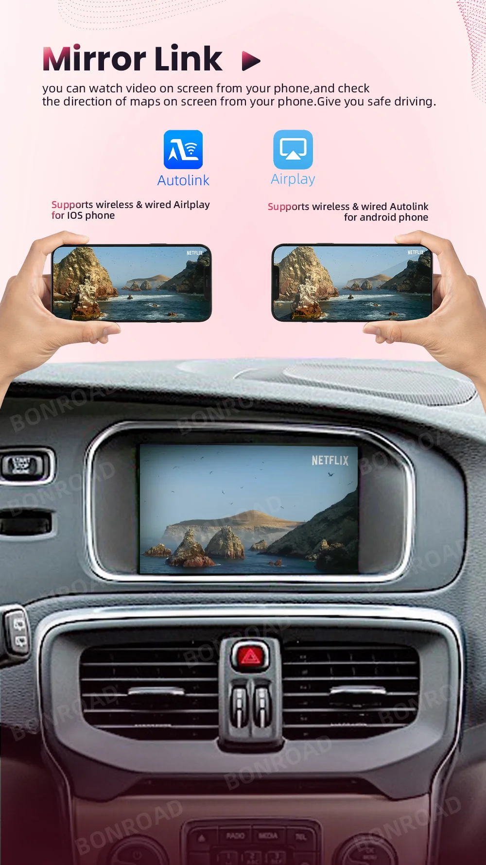 BONROAD Drahtloses Carplay Android-Automodul für Volvo XC60 XC70 S60 S80 V60 V70 V40 2015–2019 mit 7-Zoll-Bildschirm, Bluetooth-Musik – Detail 8