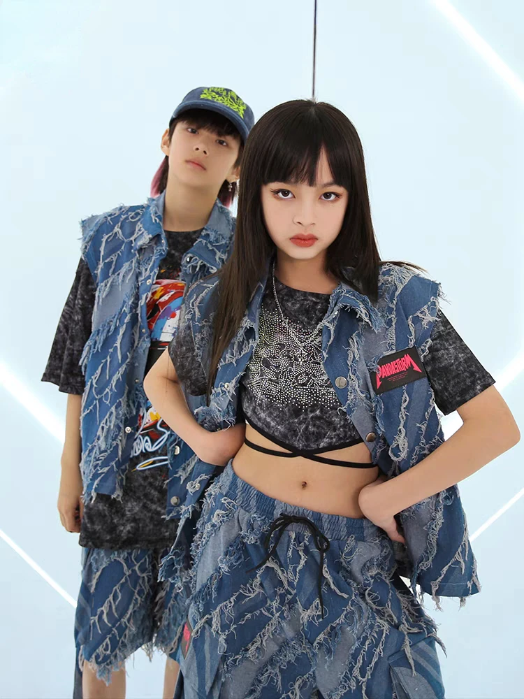 New Hip Hop Street Dance Clothes for Kids Blue Denim Vest Shorts T Shirt Boys Girls Jazz Performance Costume Teens Stage Outfits