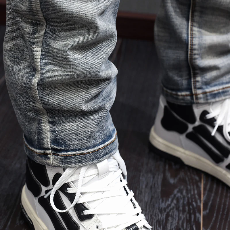 Fashion Vintage Men Jeans High Quality Retro Gray Blue Elastic Slim Fit Ripped Jeans Men Embroidery Designer Hip Hop Pants Homme