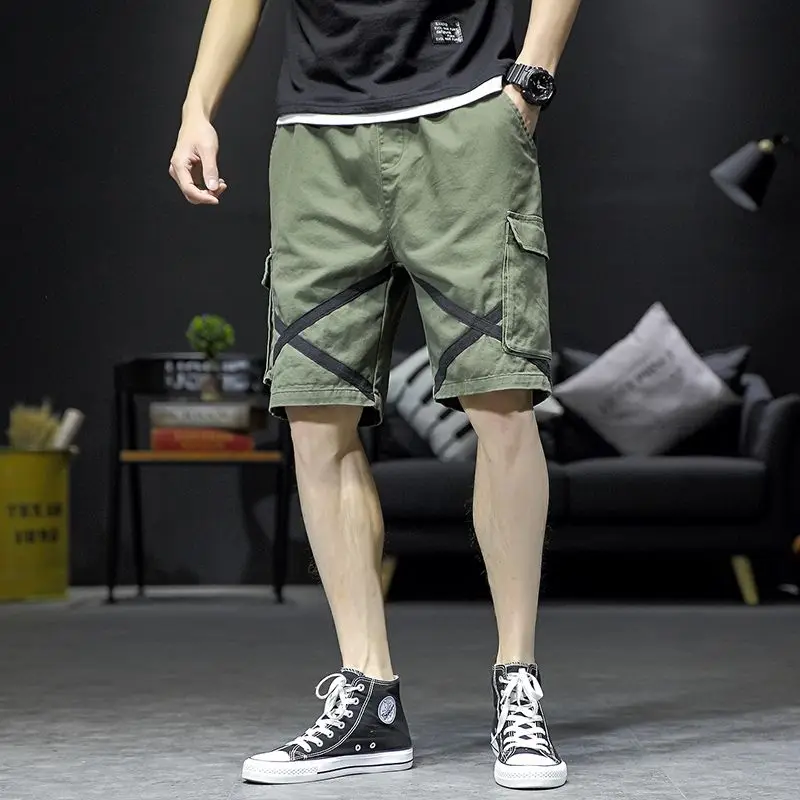Summer Solid Color Fashion Elastic Waist Straight Pants Man High Street Casual Loose Pocket Drawstring Printing Cotton Shorts