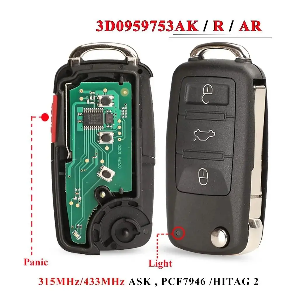 

315/433MHz Remote Car Key ID46 3/4BTN Car Key Fob 3D0959753R /3D0959753AK AR Flip for Touareg VW/Touareg/Phaeton 2002-2012