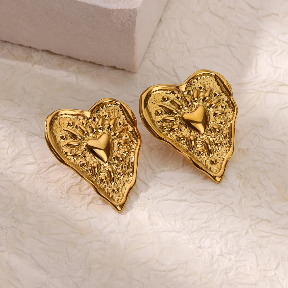 Stainless Steel Irregular Heart Texture Stud Earring for Women