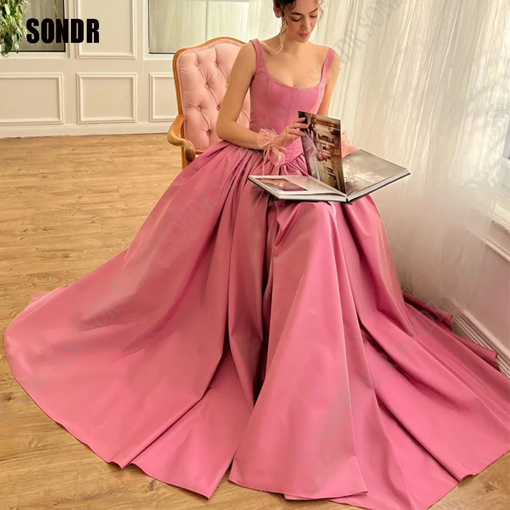 

SONDR Pink Satin Long Side Slit Evening Dress Sleeveless Strapless Prom Dress A Line Formal Event Party Gowns Vestidos