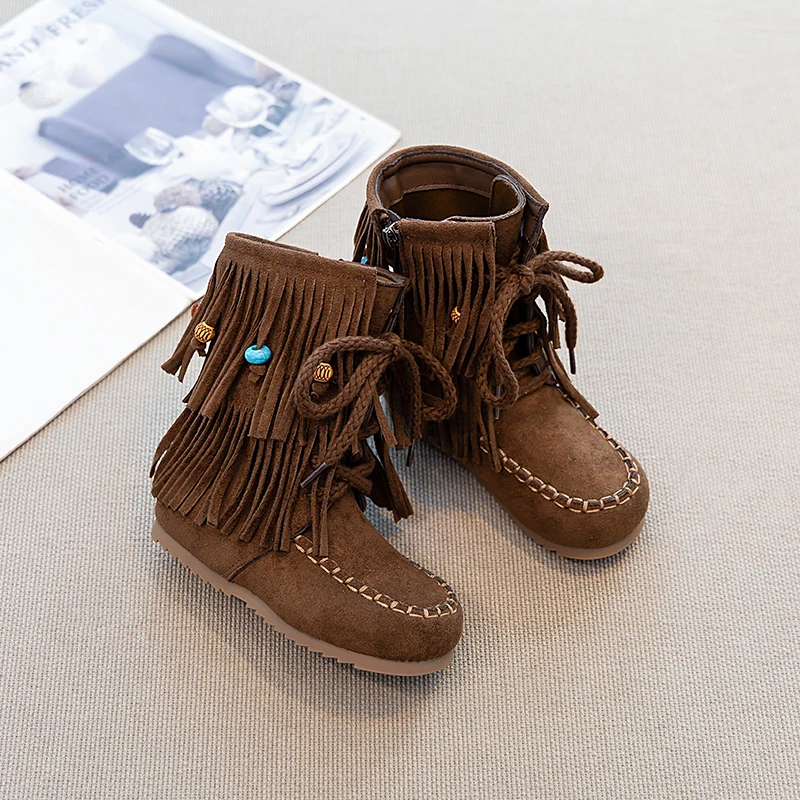 Suede Leather Boots for Girls with Beaded Fringes