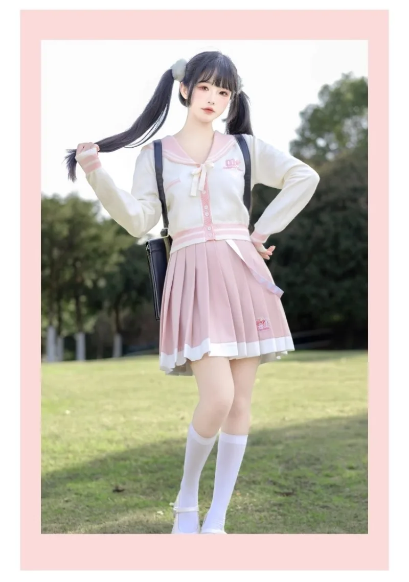 Japanese Preppy Style Lolita Sweet Cute Pink Knitwear Short Skirt Spring Summer Slim Fit Kawaii Top Mini Skirts Women's Clothes