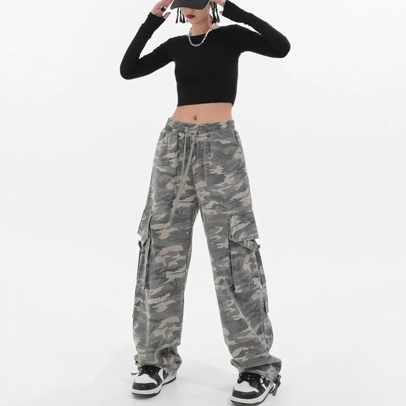 

Women Elasticated Drawstring Waist Relaxed Camouflage Cargo Trousers With Strap Details