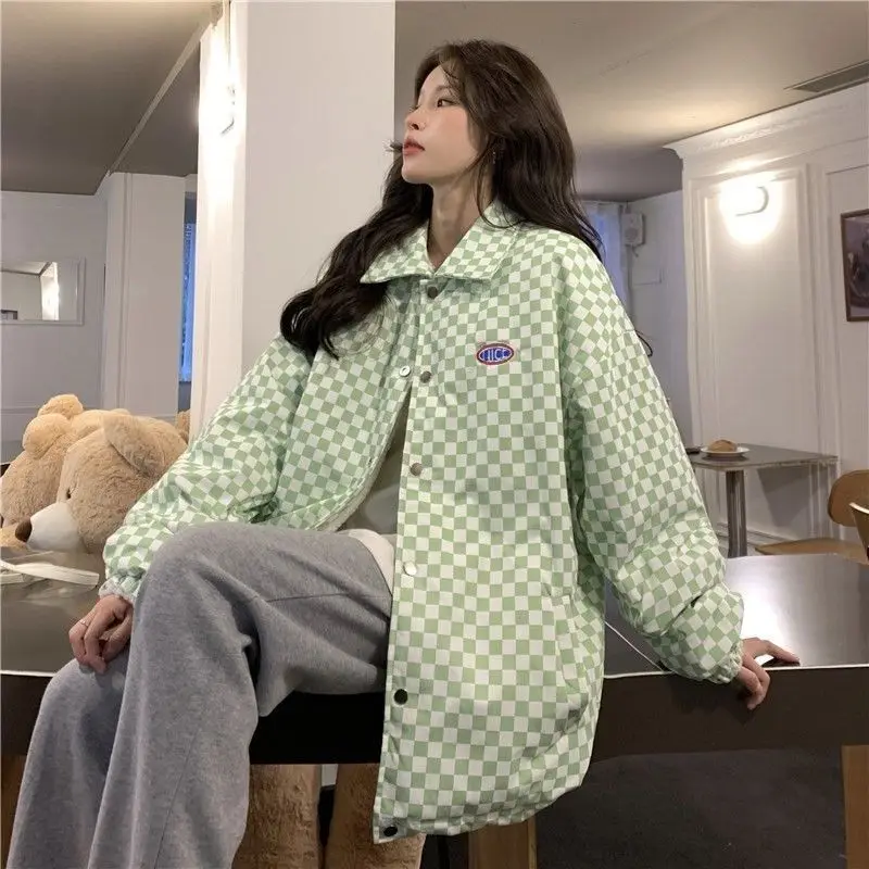 Jaqueta para Mulher Novo de Dois lã de Cordeiro Xadrez Acolchoado Oversize Tendência Outono Inverno Lados Japão Punk Engrossar Cabolsa Quente Hip Hop 1 Online shopping