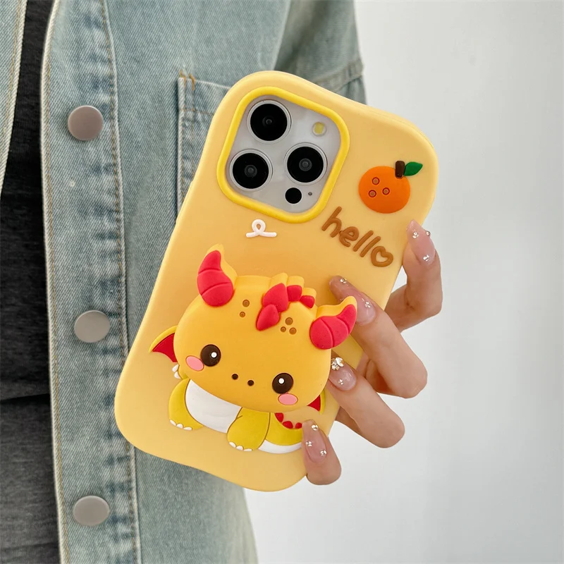 For iphone 16 15 14 Plus 13 12 11 Pro Max Cute Cartoon Charmander Soft Silicone Case With Stand Holder