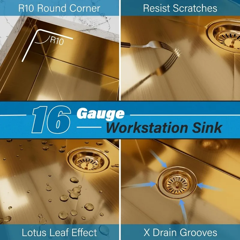 26 Inch Kitchen Sink, 26x18 Inch Single Bowl Undermount Sink with Single Track, 16 Gauge Gold Stainless Steel Workstation Sink 5