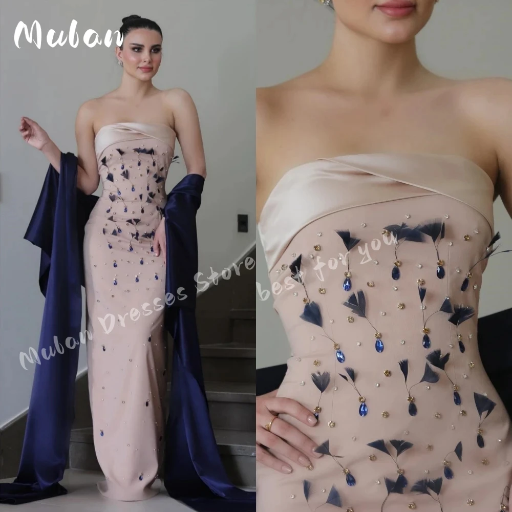 Strapless Rhinestone Feathers Luxury Evening Dresses 2024 Saudi Arabia Shawl Formal Occasion Prom Dress Party Gown