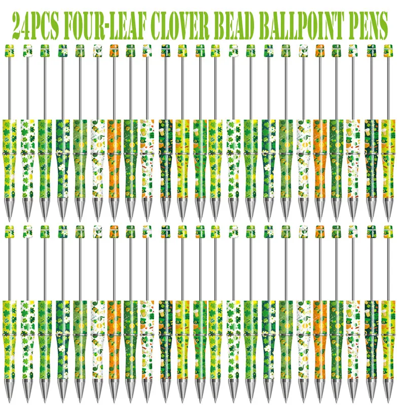 

24Pcs Four-leaf Clover Ballpoint Pens Beaded Pen Plastic Beadable Pen for Kids Office Supplies