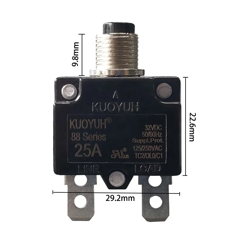 

KUOYUH 88 series 25A straight PIN Metal NutManual Reset Thermal Overload protector switch Mini Circuit Breaker