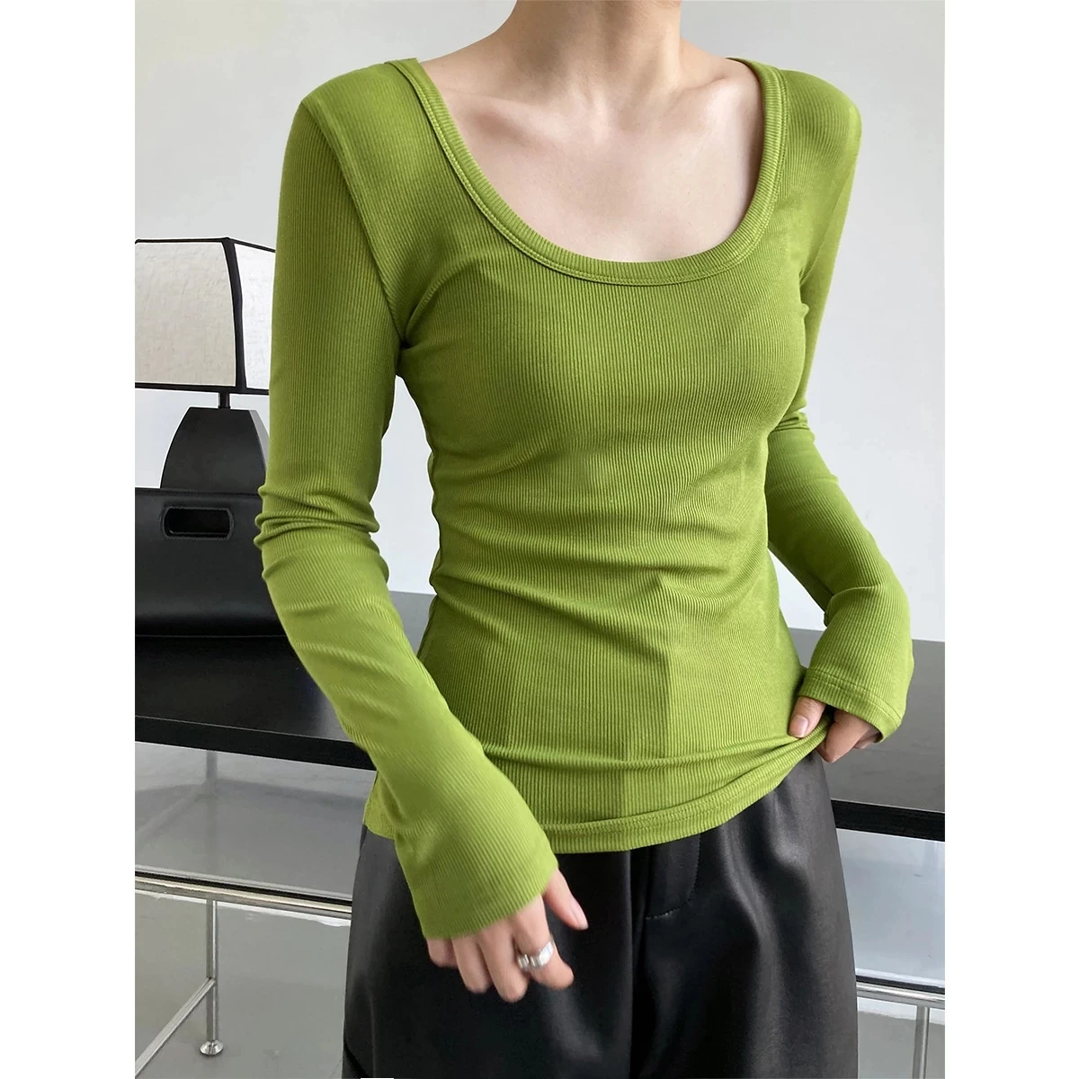

2023 Spring Basic U-neck Knitting Shirt Women Solid Fitted Long Sleeve T-shirt Ribbed Cotton Tops