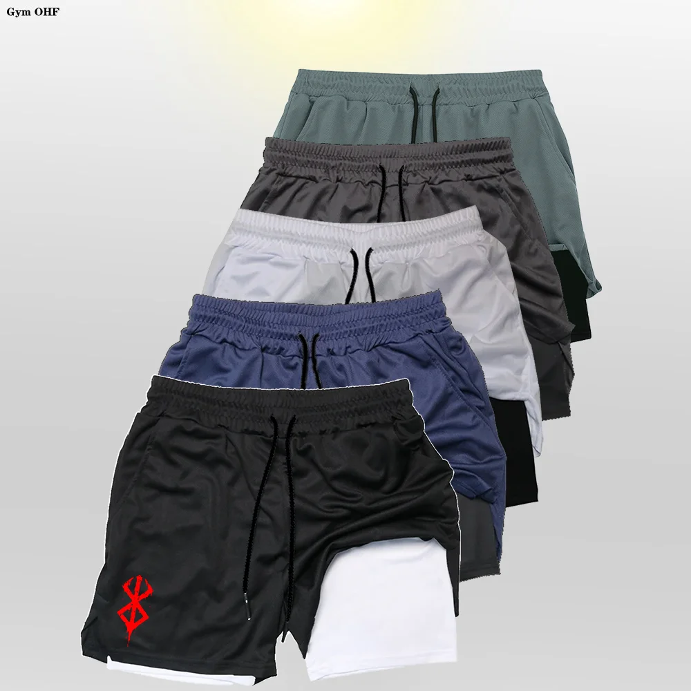 Berserk-Men's Running Shorts Quick-Dry Fitness Double Layer Shorts Men Anime Sport Workout Training Bodybuilding Short Pants 3