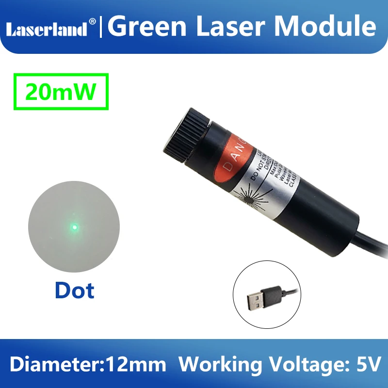 12mm Focusable 520nm 20mW Dot/Line/Cross Laser Module for Marking Welding Embroider with USB Connection laser module