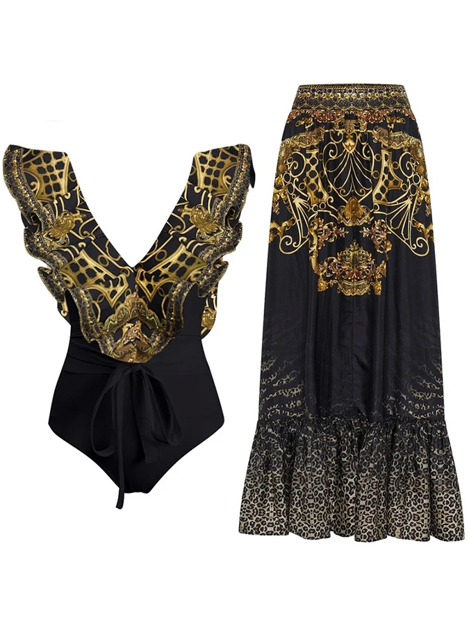 Купальник с 3D цветочным принтом и накидкой