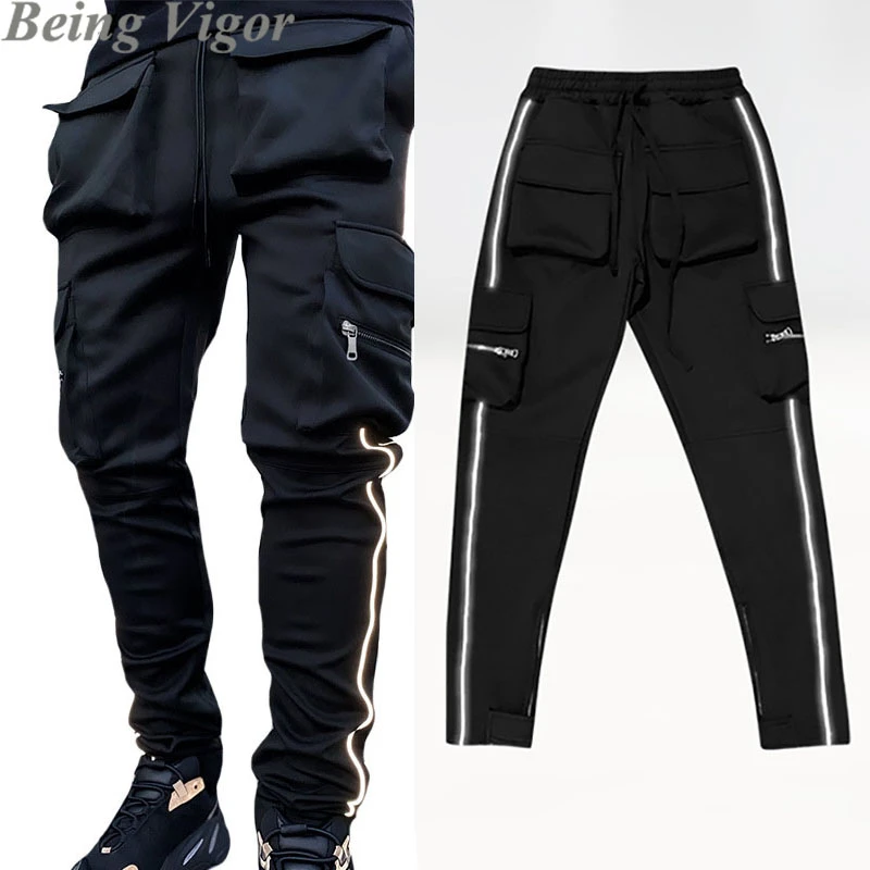 Being Vigor pantalones de chándal Cargo ropa deportiva de Hip Hop con múltiples bolsillos, reflectantes, ajustados, de calle alta|Pantalones de correr| - AliExpress