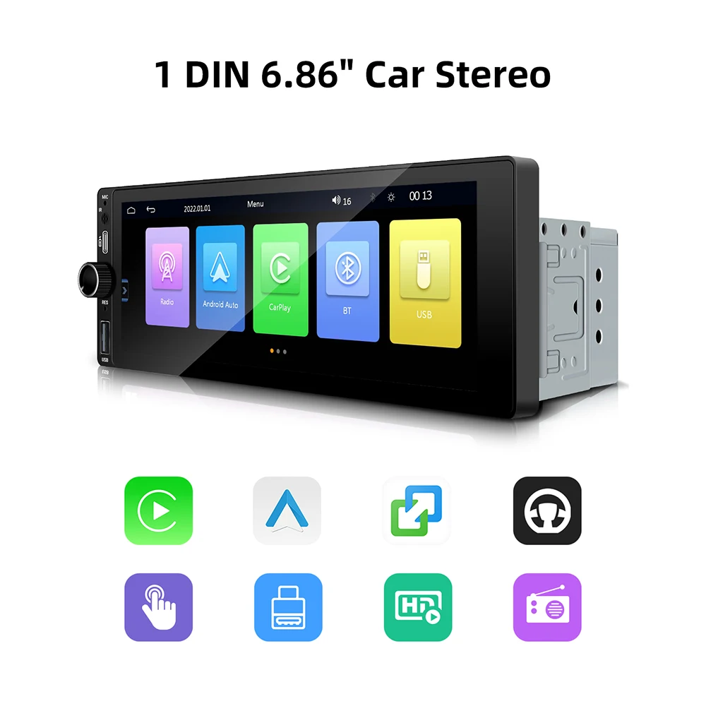 6.86 Inch 1 Din Universal Car Radio for Kia Lada Ford VW Opel Jeep Wired Carplay BT Navigation GPS MP5 Player FM Stereo