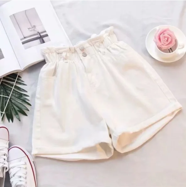 2023 Summer Women Denim Shorts Women Ruffled White Blue High Waisted Shorts Female Elastic Short Jeans
