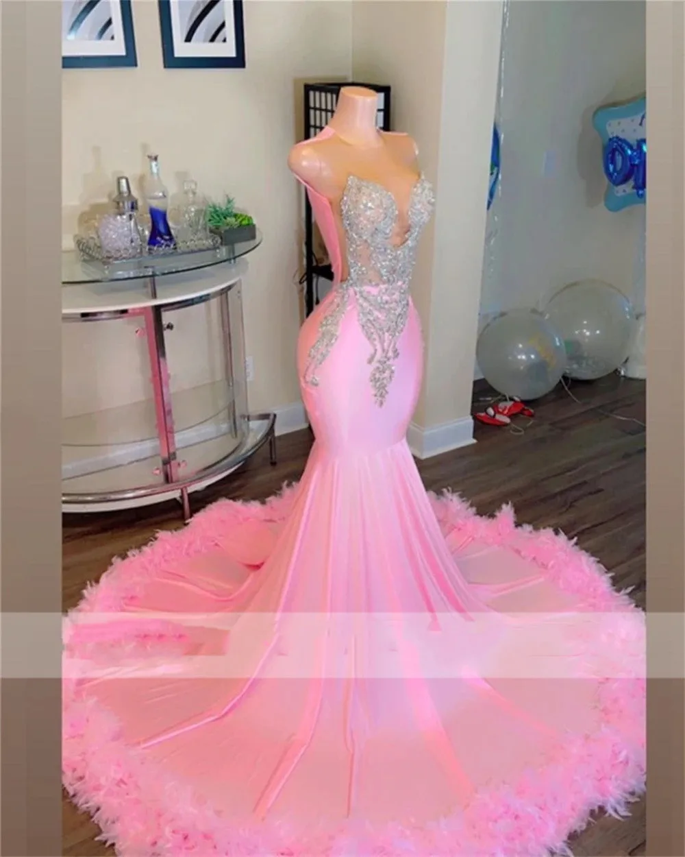 

Sparkly Diamond Pink Prom Dresses for Black Girls Luxury Beaded Tassel Long Gowns African Mermaid Sequin Dress with Feathers