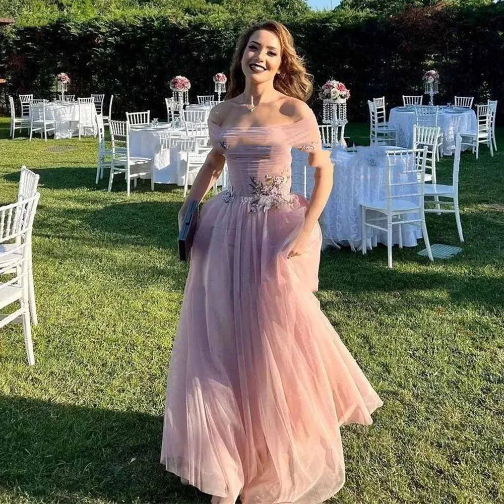 

Off Shoulder Blush Pink Wedding Evening Dresses Lace Appliques Formal Occasion Dress Pleat Tulle A Line Prom Party GownCL-601