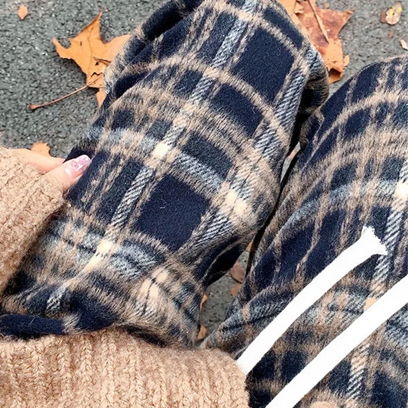 Autumn Winter Casual Vintage Plaid Wide Leg Pants Women's Clothing Thick Korean Straight Female High Waist Drawstring Trousers