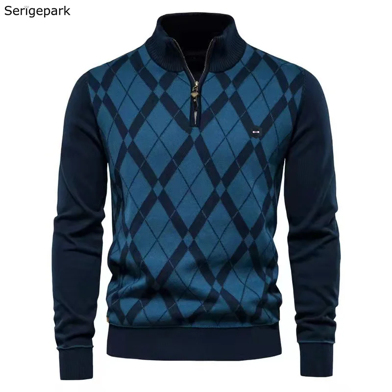 

Serigepark New Men's Autumn Sweater Diamond Plaid Pullover Jumper Design For Cotton Knitting Top Clothes Stand Neck Zipper Bow
