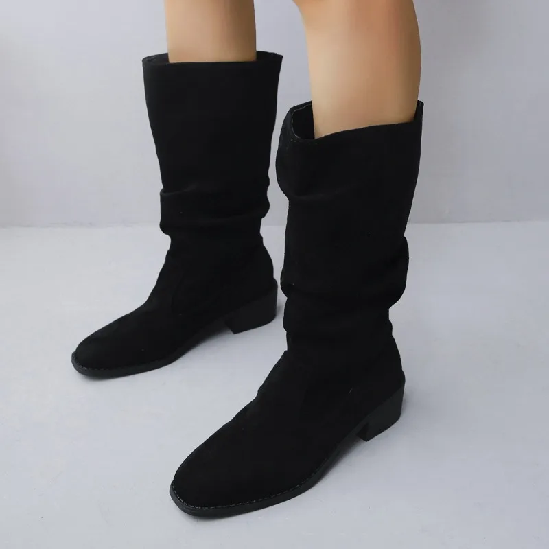 

Женские повседневные и удобные ботинки челси, однотонные плиссированные сапоги до середины икры с острым носком, зима 2023