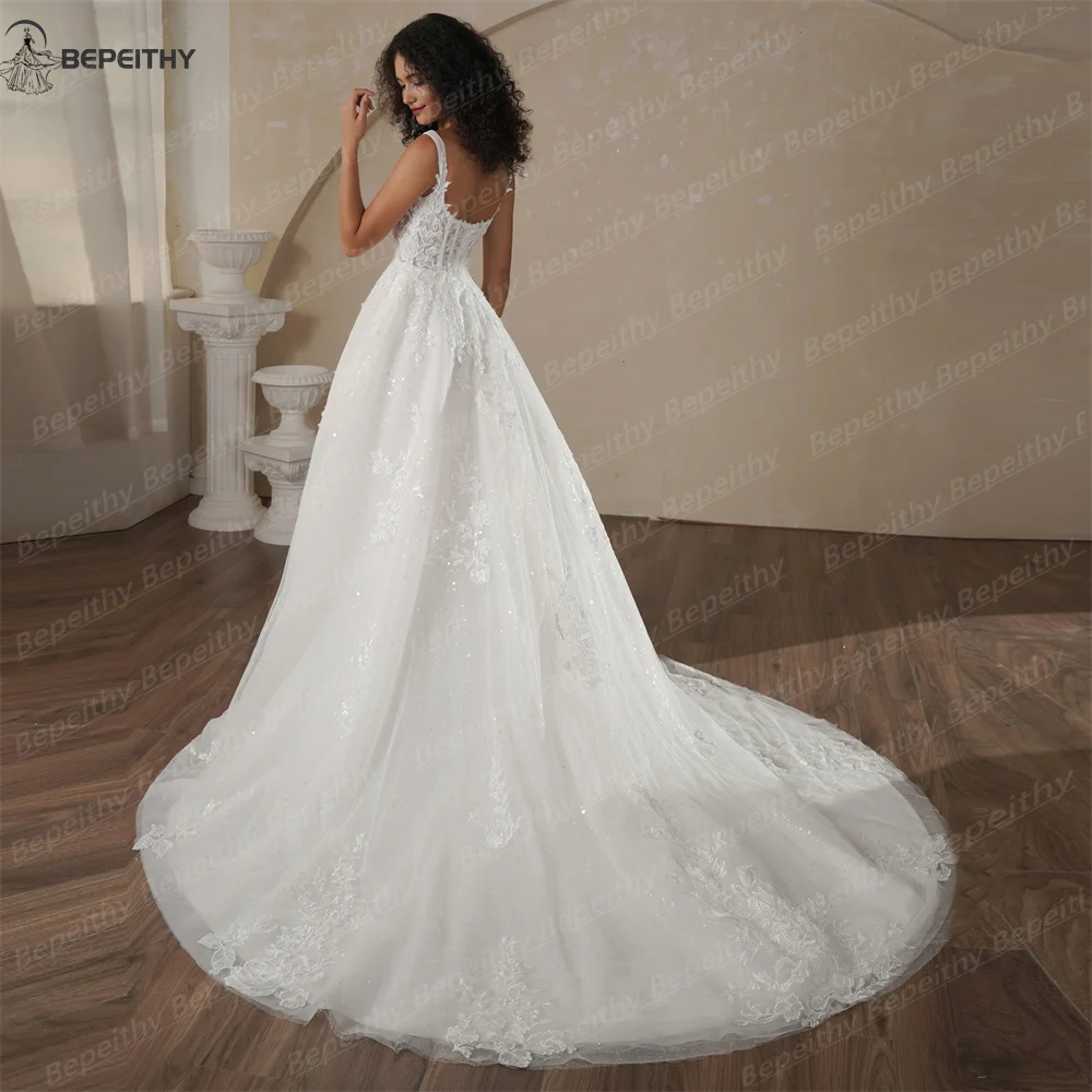 BEPEITHY Customized Spaghetti Straps A Line Glitter Beach Wedding Dresses 2025 Women Sleeveless Boho Bride Lace Bridal Gown
