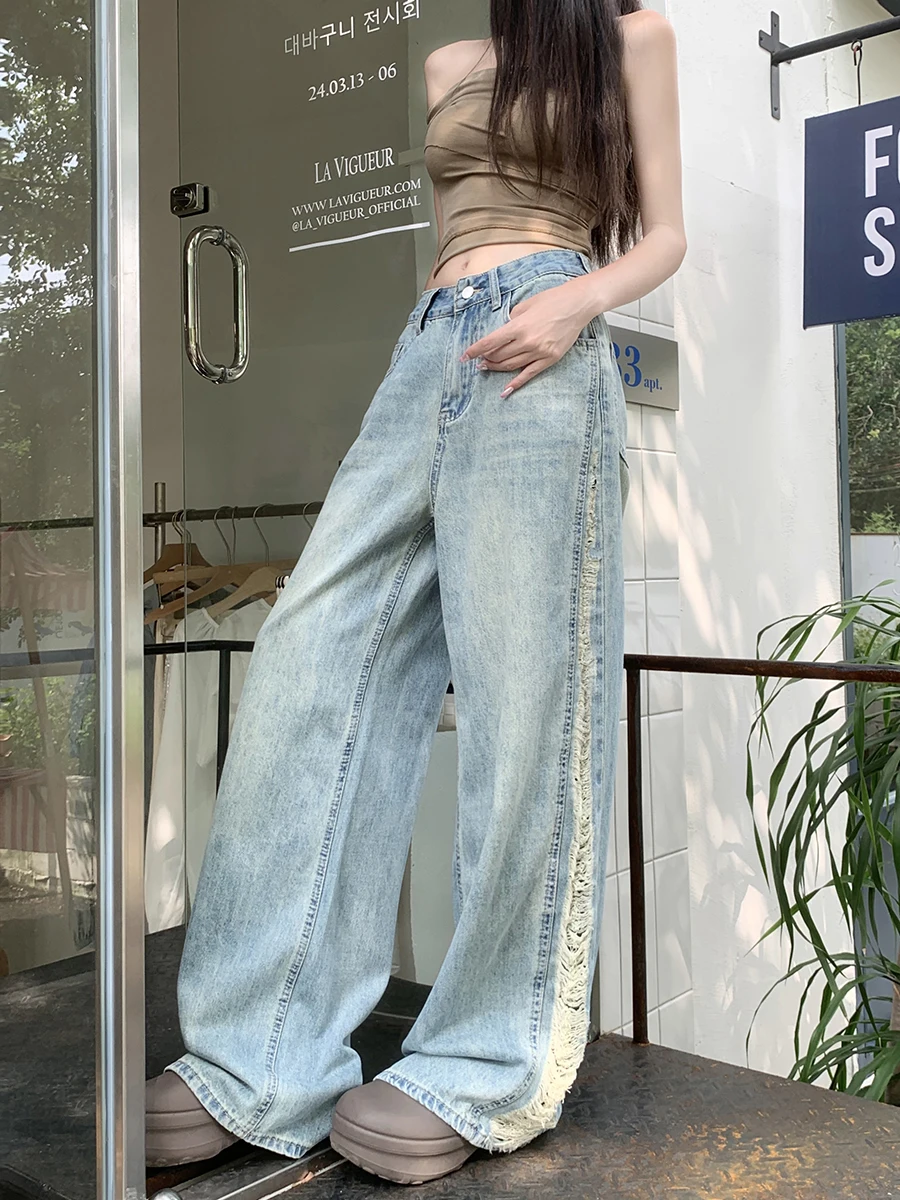 

Benuynffy American Retro Side Ripped Jeans Women's Spring Summer Streetwear Straight Loose High Waist Boyfriend Wide Leg Pants