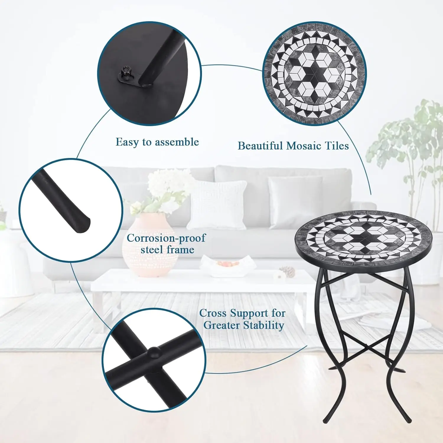 Outdoor Side Table, Round End Table, Patio Accent Table Indoor Plant Stand for Living Room 4