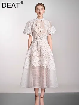 DEAT Elegant Dress Lace Gauze Spliced Solid Color Turn-down Collar Short Sleeve Slim Women's Dresses 2025 Spring New 15DZ285 1