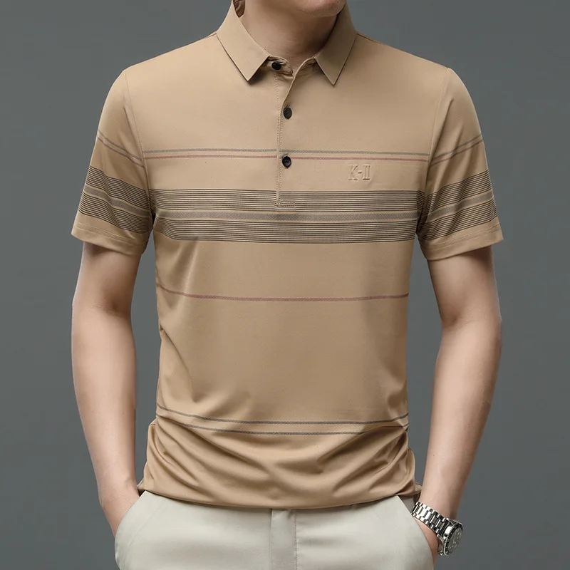 

Printed Polo Shirt Men's Summer Casual Business Men's Elbow-Sleeved Top Stretch Short Sleeve T-shirt Men's Striped Clothing