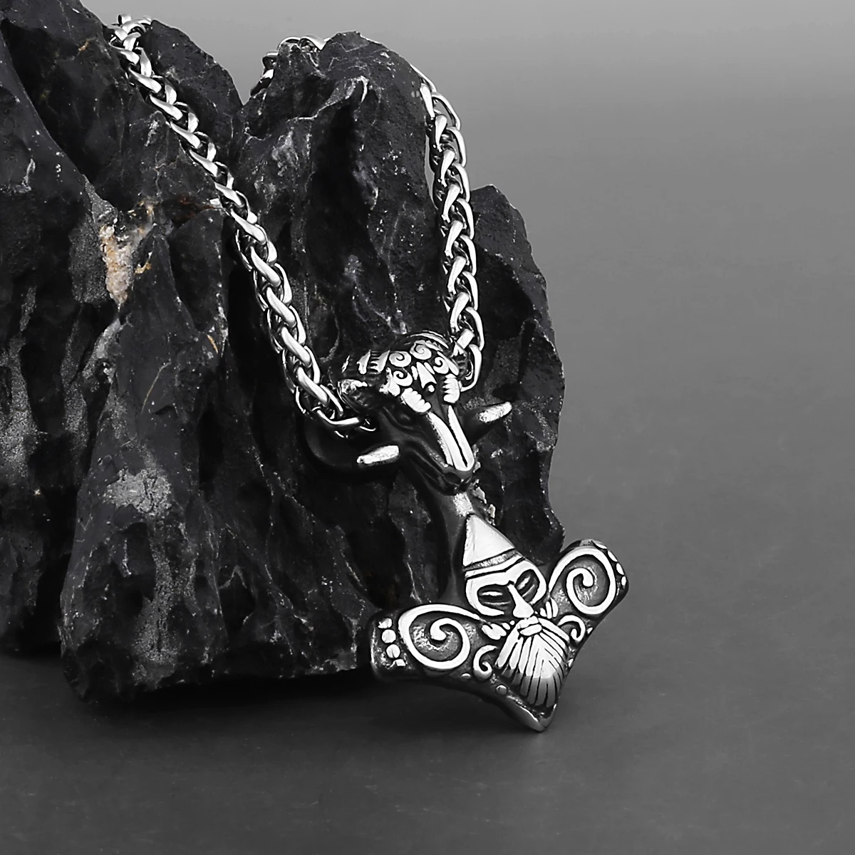 Viking Odin Rune Goat Head Pendant Necklace Men's Stainless Steel Thor's Hammer Necklace Jewelry Domineering Party Club Gift